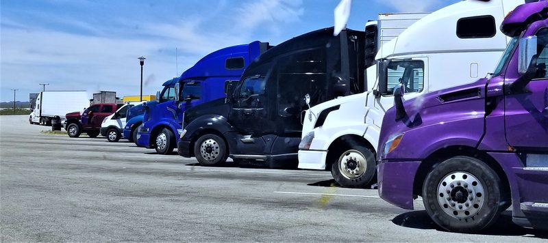 A line of semi tractors parked on a lot
